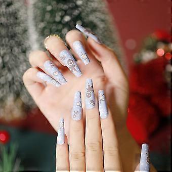 24pcs Snowflakes Printed Nail Patch Jelly Glue Type Removable Long Paragraph Fashion Manicure  JP1294