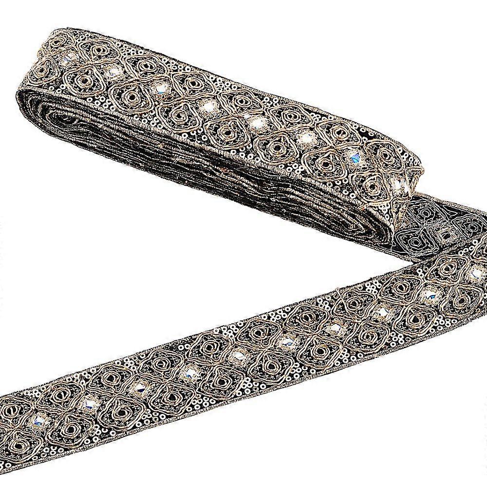 Ethnic Embroidered Polyester Sequins Trim Ribbon Black 1-3/4 inch(45mm)
