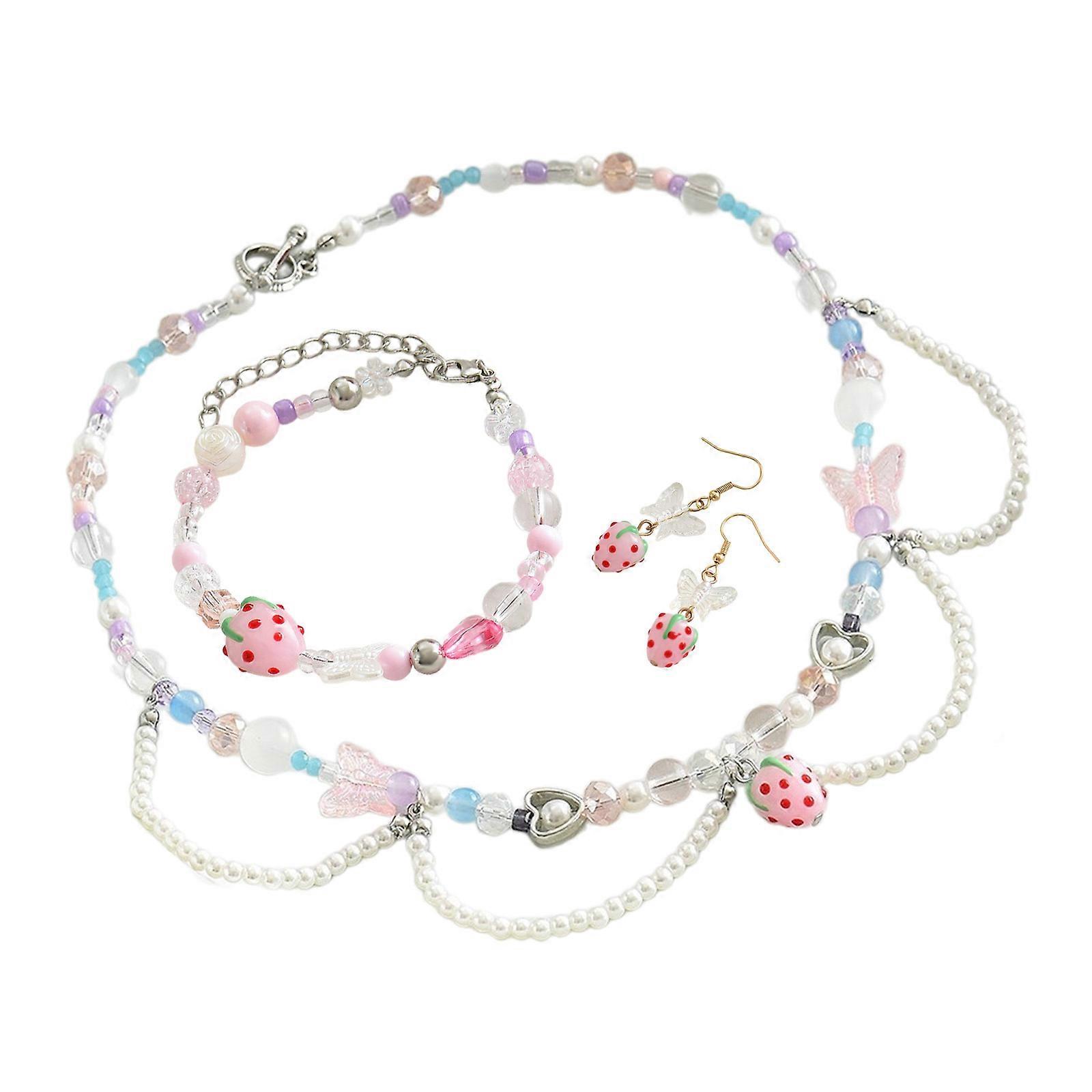 élégant fraise goutte boucles d’oreilles papillon glaçure perles collier clavicule chaîne ornement pour les femmes filles à la mode