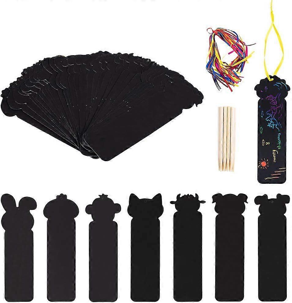 48 Sheets Rainbow Scratch Art Bookmark Papers 48 Pcs Colorful Stain Ribbons and 24 Pcs Bamboo Sticks Animal Theme Rainbow Bookmarks Making Kit for Bir