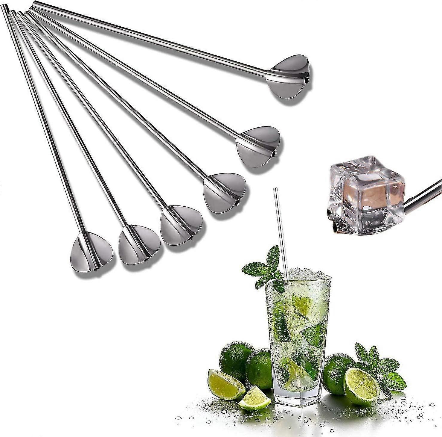 6 Pieces Stainless Steel Straws Spoons - Reusable Metal Straws With Spoons, Lang Latte Macato Spoons, Cotail Spoons And Drinking Straws - Heart S