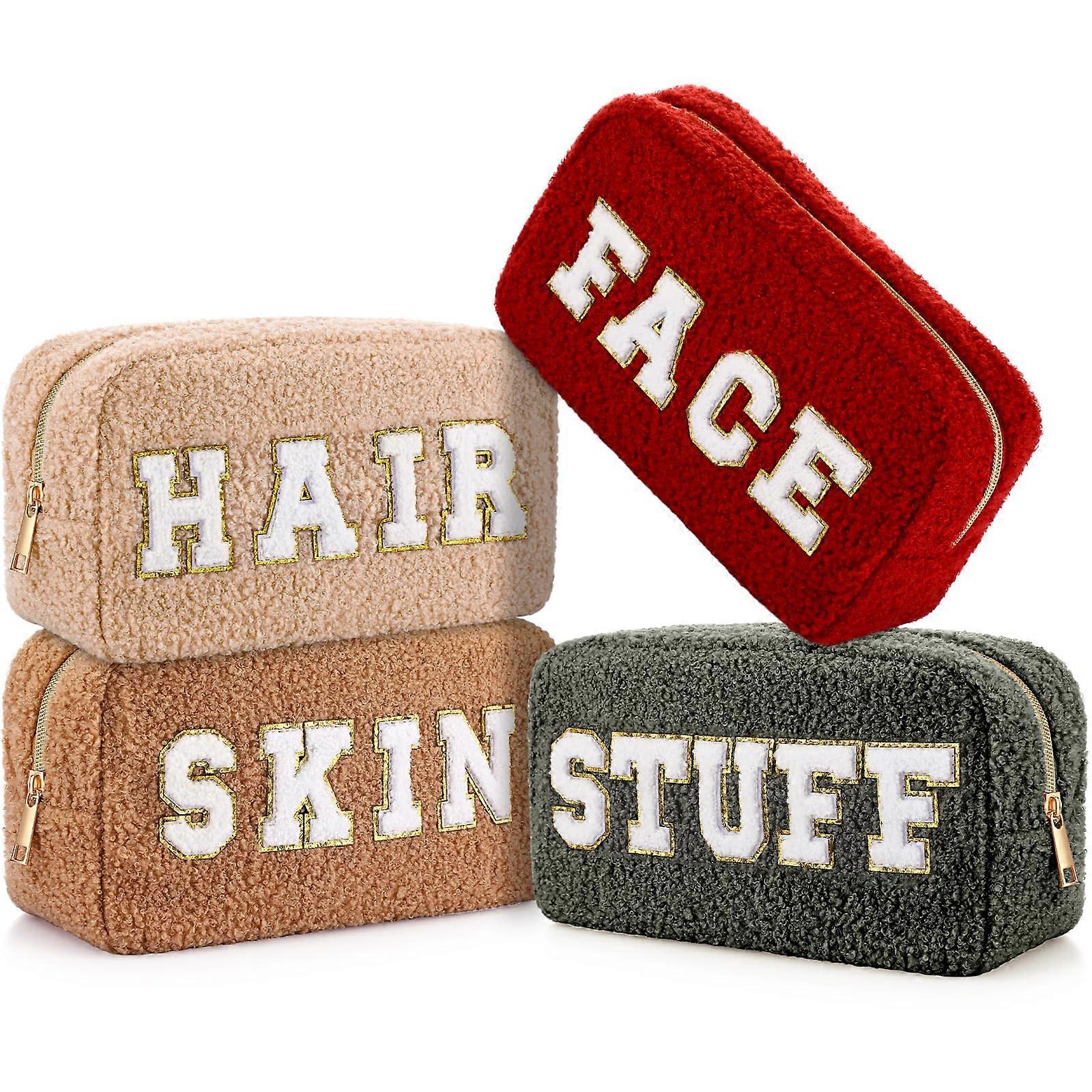 Chenille Letter Patches Makeup Bag Set of 4, Plush Toiletry Organizer for Travel and Cosmetics