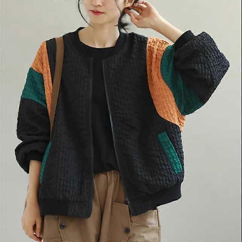 Loose Plus Size Jacket Women Stitching Contrast Color Plus Size Casual Long-sleeved Top Coat