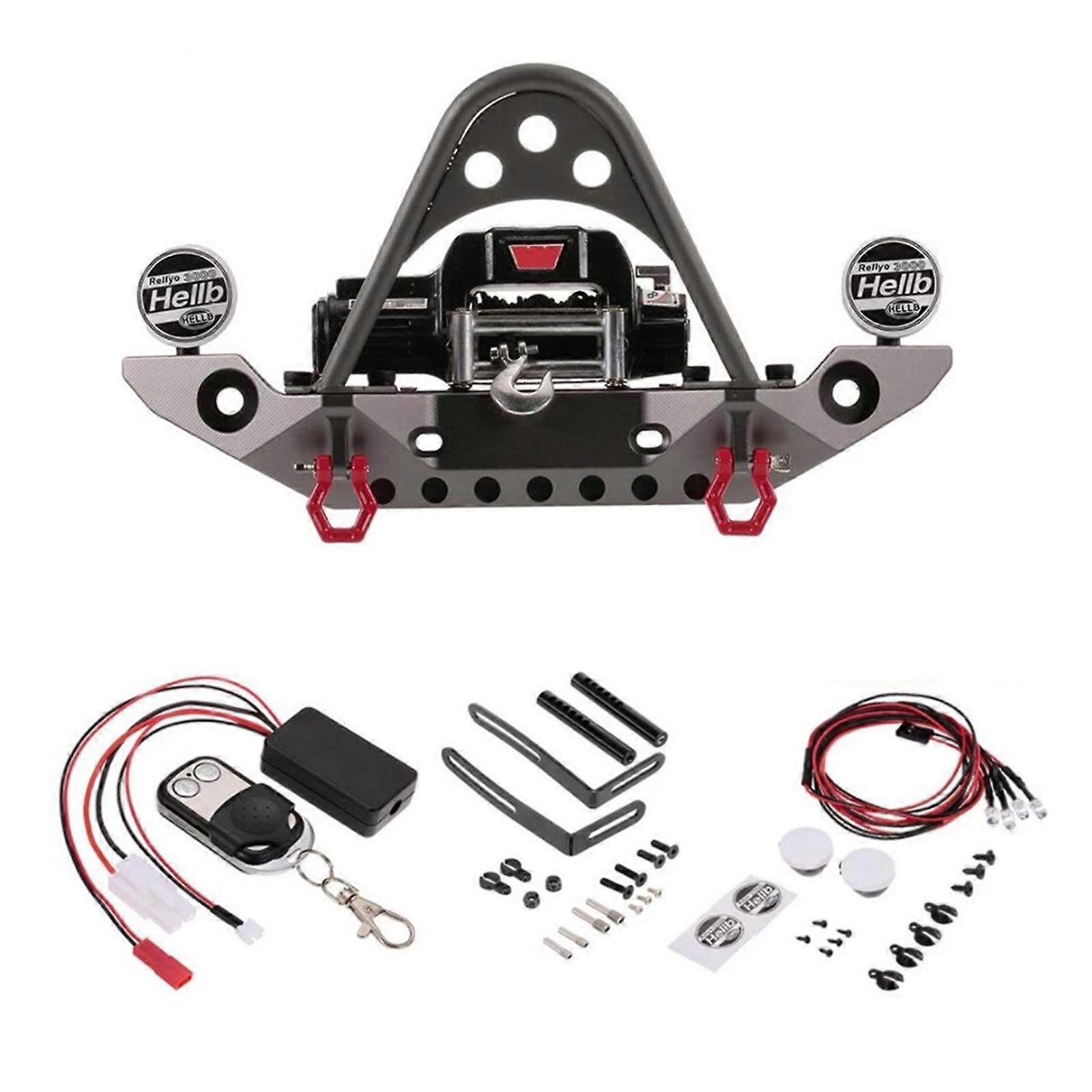 RC Bumper Metal Front Bumper with Winch Lights and Tow Hooks for 1/10 SCX10 Crawlers Car Trucks Upgrade Parts Accessory titanium color