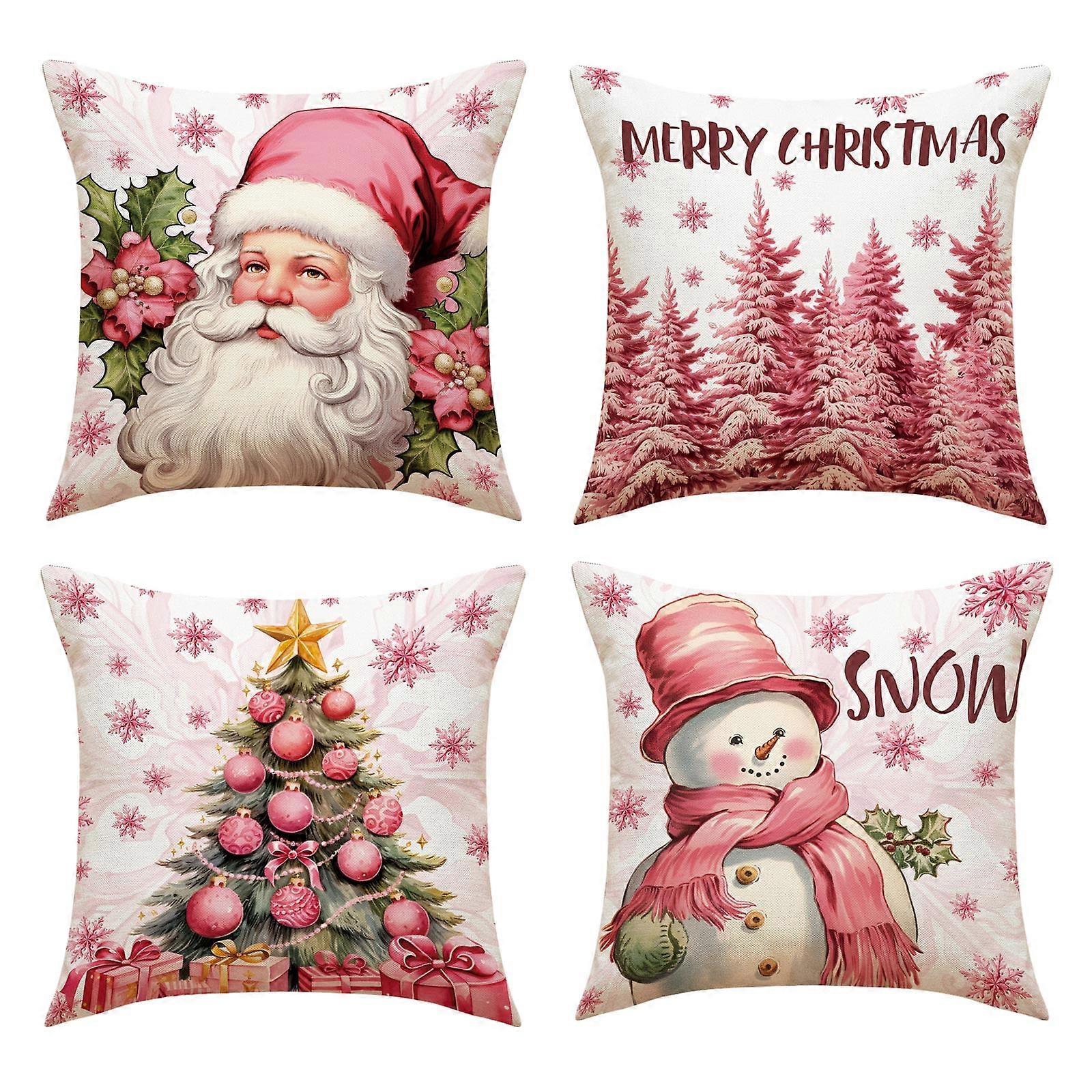 Christmas Cheer Linen Pillow Cover with Reindeers, Set of 4 for Gifting and Home Decoration 45x45cm Style 5