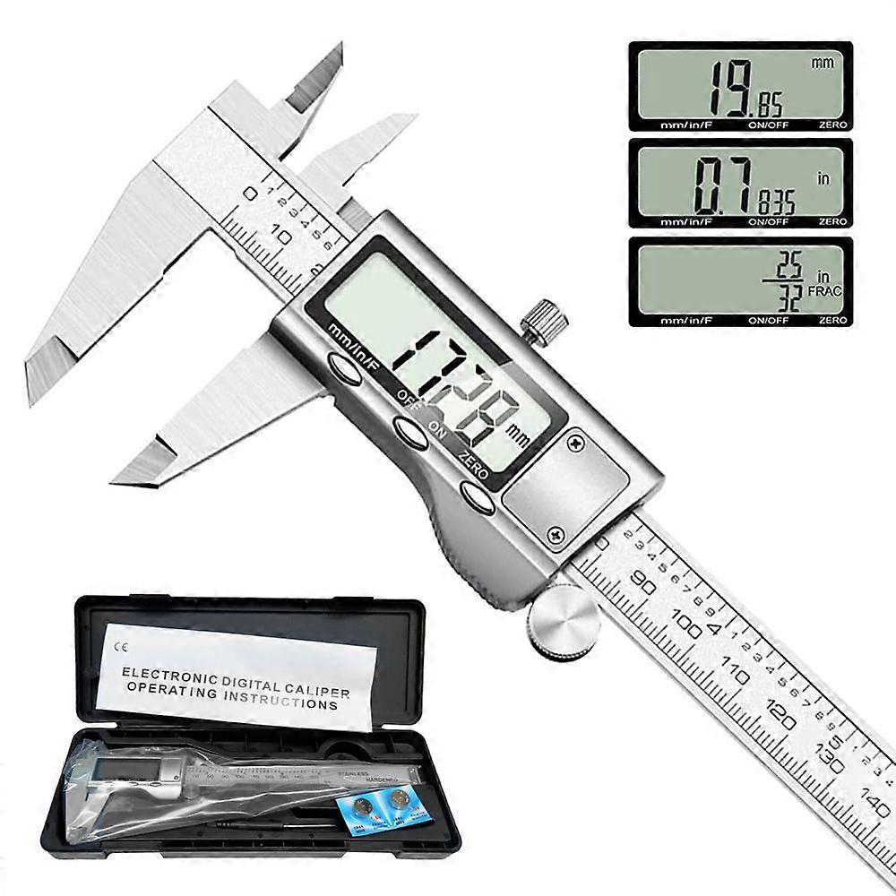 Digital Caliper Measuring Tool, Stainless Steel Vernier Caliper Digital Micrometer with Large LCD Screen, Easy Switch from Inch Metric Fraction, 6 Inc