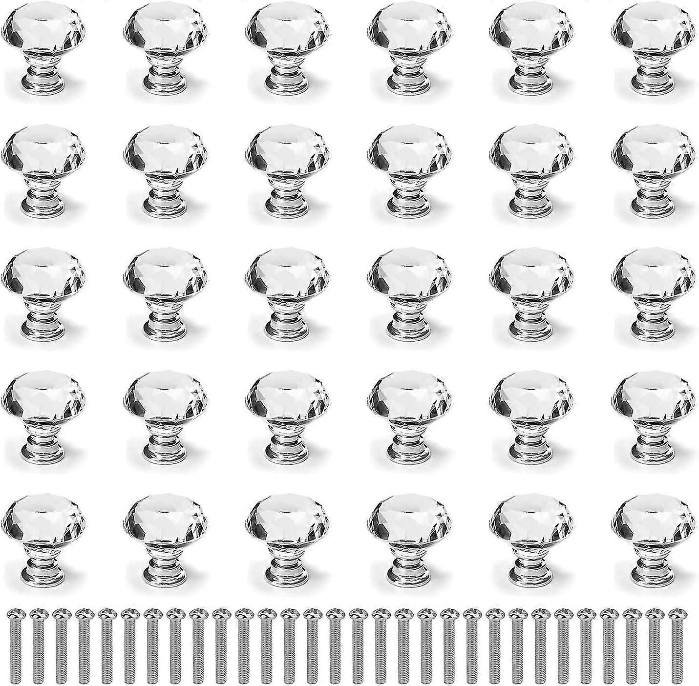 30 Pack 30 mm Cabinet Knobs Crystal Glass Drawer Pulls Diamond Shape Dresser Knobs with Screws for K