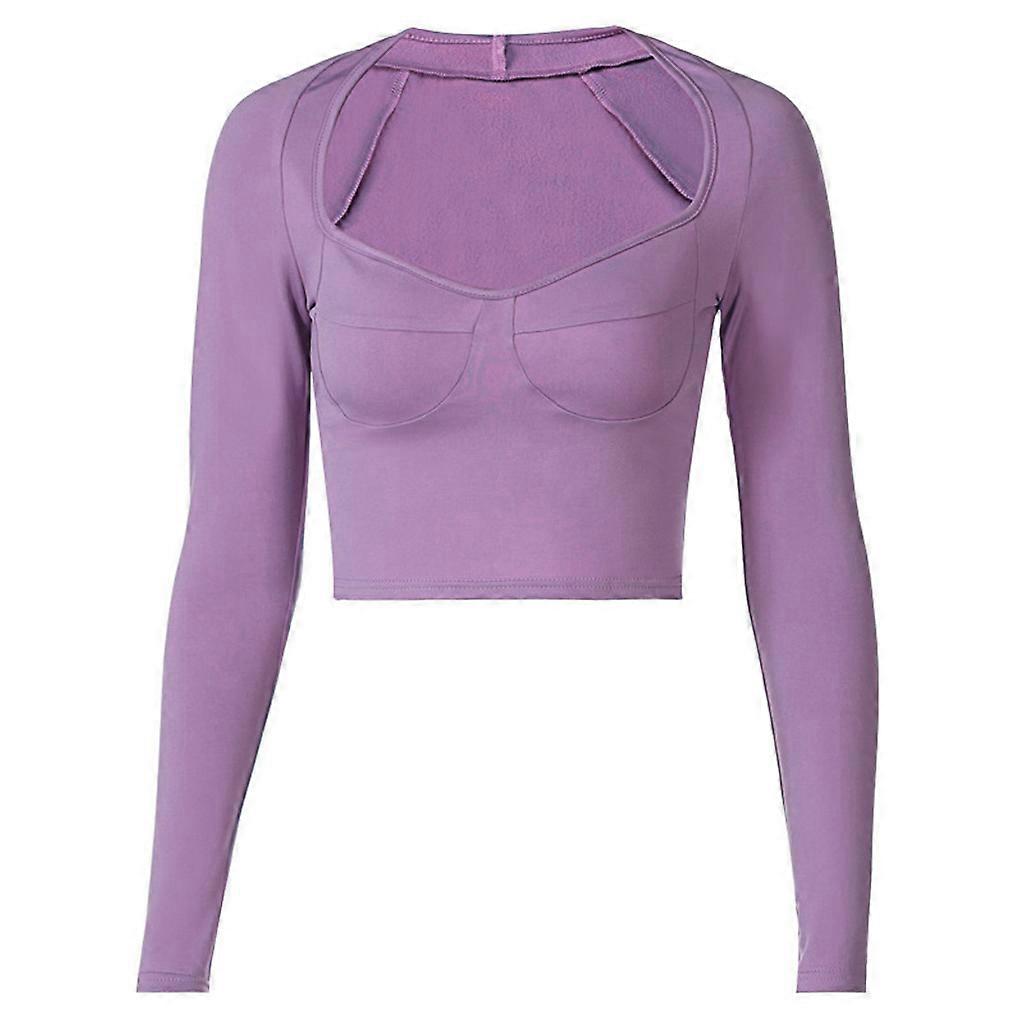 Women Autumn Long Sleeve Solid Color Crop Top Sexy Low Cut Deep V-Neck Bodycon T-Shirt Navel Exposed Casual Slim Fitting Blouse Streetwear  Purple L
