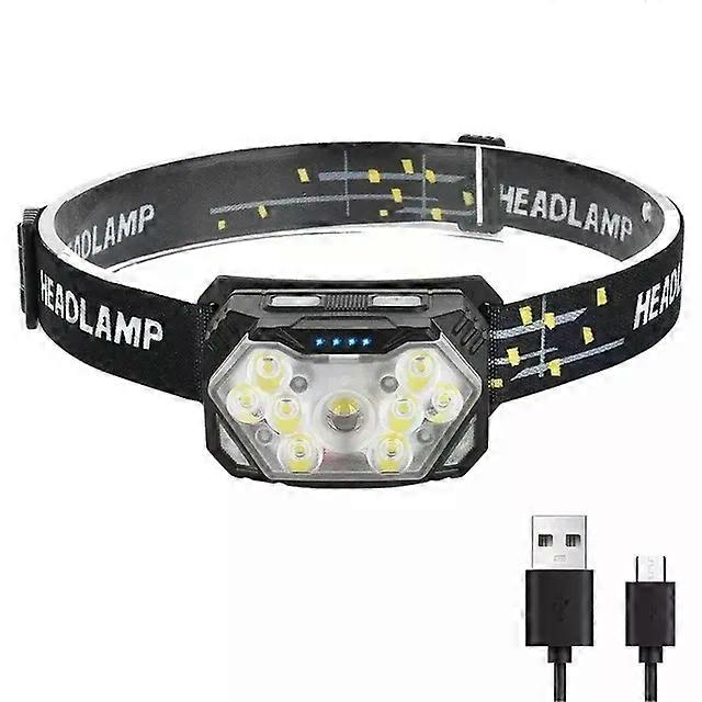 Portable Headlamp with Motion Sensor and Strong 9 LEDs Light, USB Rechargeable, Waterproof for Camping and Fishing