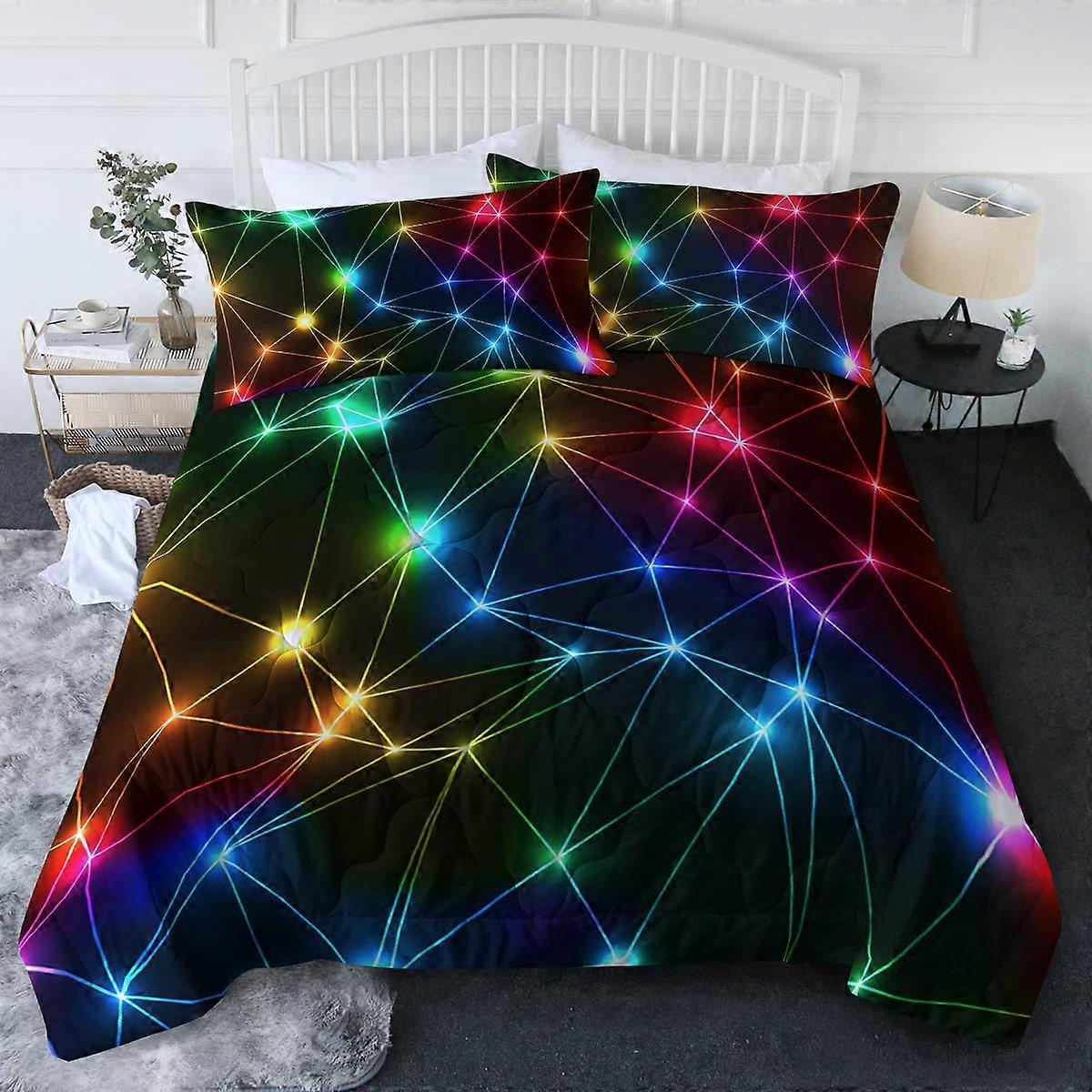 3 Piece Comforter Set Neon Triangle Sparkling Rainbow Laser Print Full/Queen All Season Bedding For Kids Retro Design