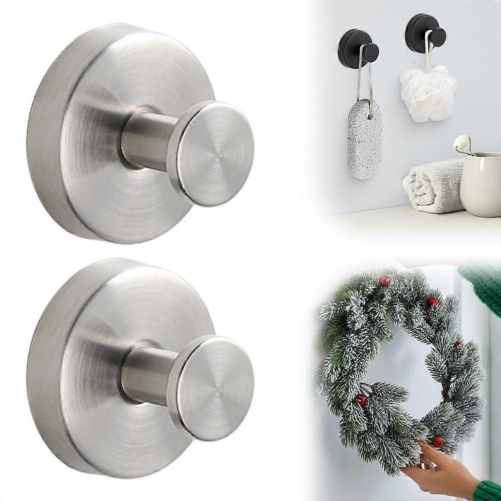 2 Suction Cup Hooks No Drill for Shower Hanging Towels Silver