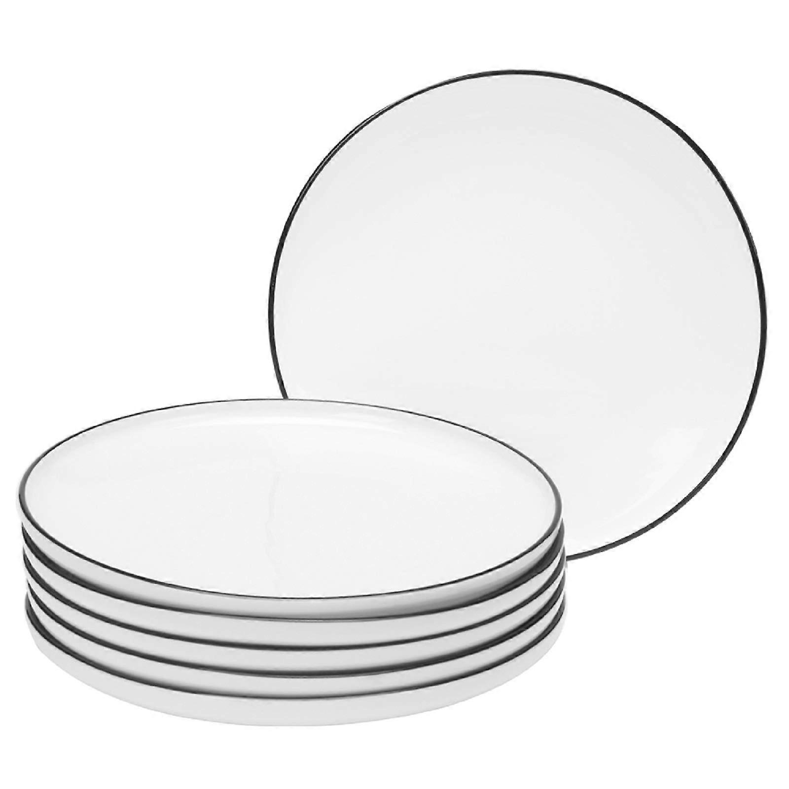 6 Set Dinner Plates Elegant White with Black Edges Design for Steak 10 Inch