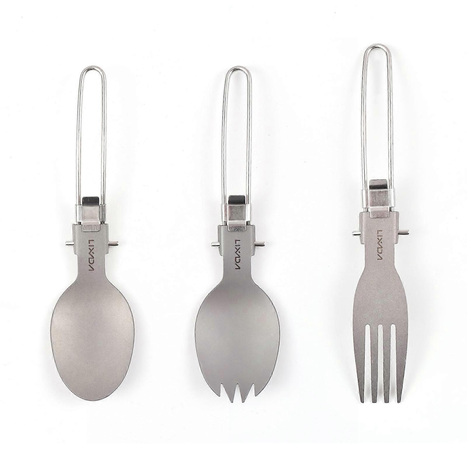 Camping Spoon Fork Combo Ti Salad Lightweight Compact Camping Utensils Stainless Steel and Ti Acid Alkali Resistant Corrosion-Resistant 3 PCS