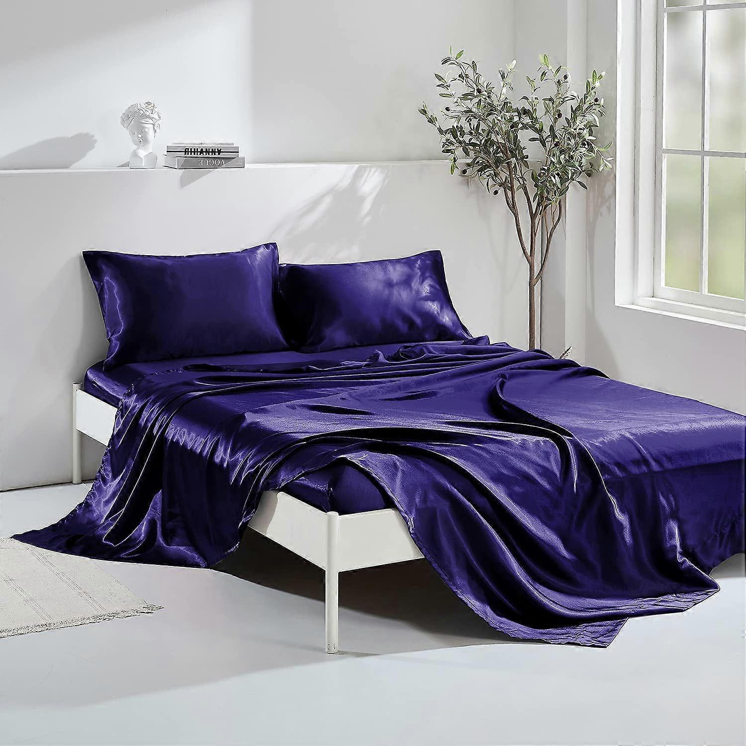 Satin Sheets Full Silk Sheets Blue Sheet Set Deep Pocket Flat Fitted Sheet, Set of 4