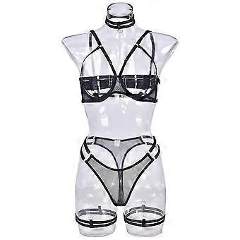 Womens 5 Piece Sexy Cut Out Bandage Lingeries Set Push Up Open Cup Caged Bras and Panty with Choker and Leg Straps  Green M