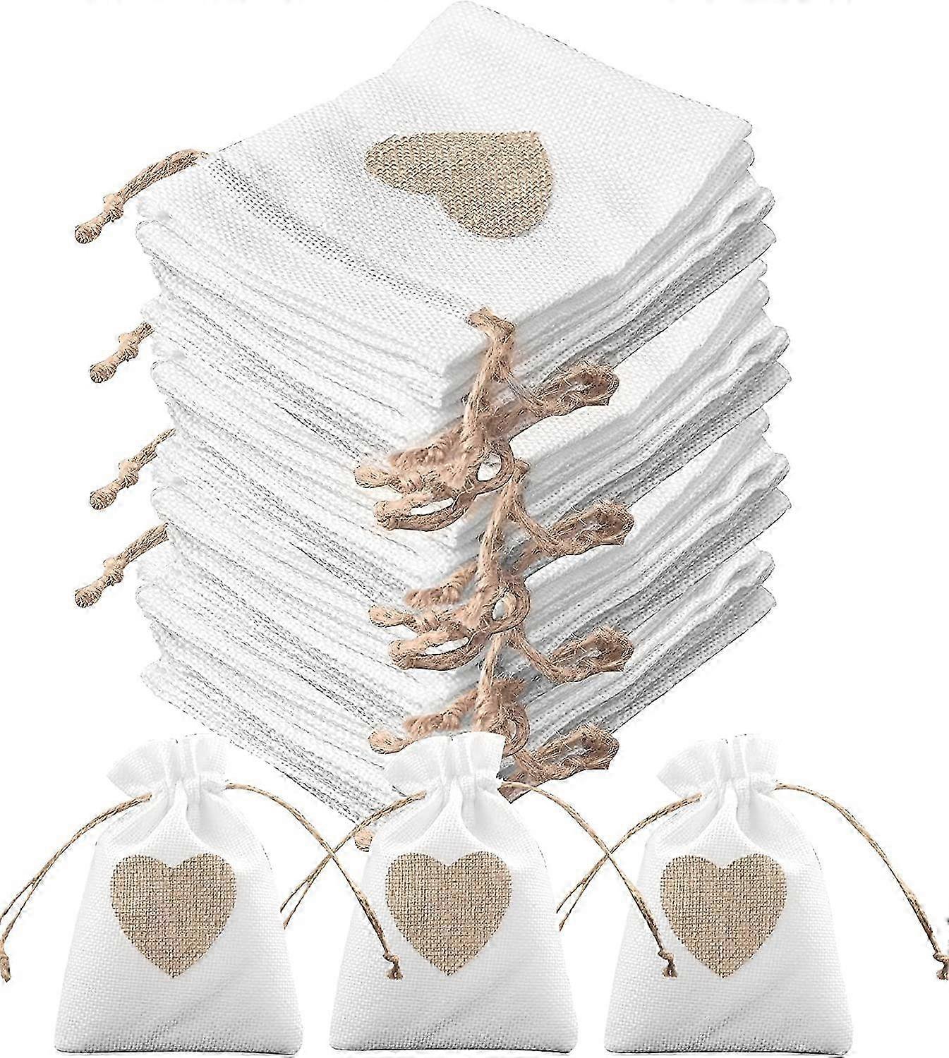 30 pieces of 10x14 cm burlap drawstring gift bags featuring a heart pattern suitable for various occasions
