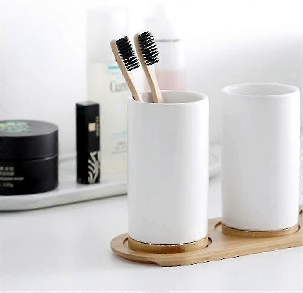 竹製歯ブラシホルダー&ソープディスペンサー付きセラミックバスルームセット