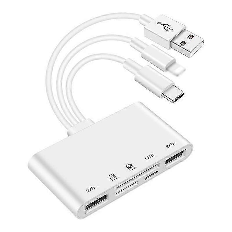 5-in-1 USB Hub Lightning 2xUSB SD TF Card Reader Adapter with Type-C/USB/Lightning Port