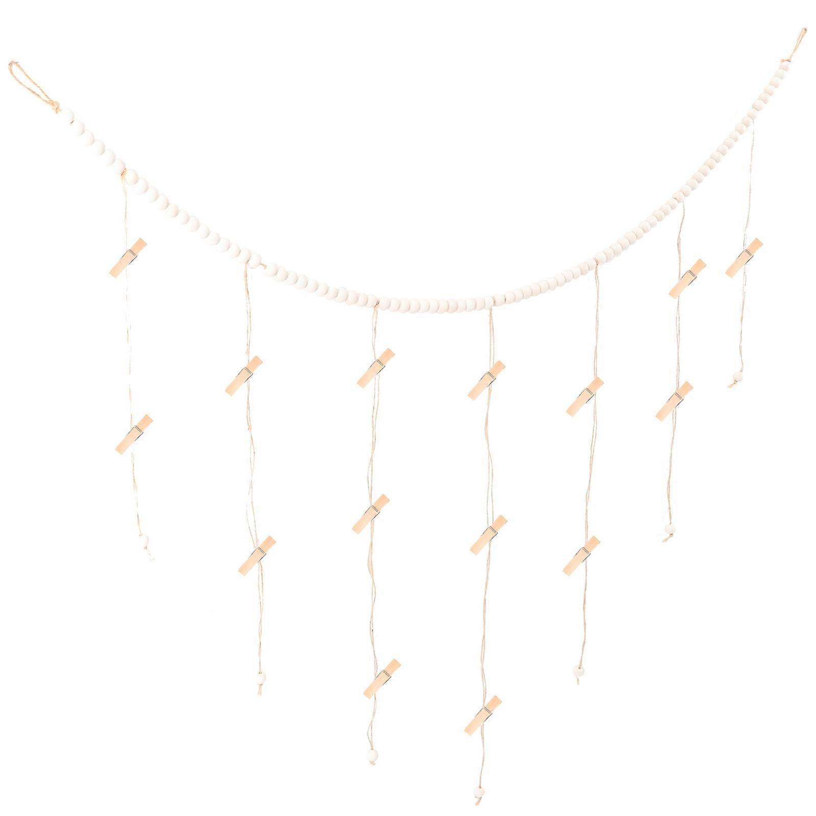 Wooden Bead String Photo Hanging Display with Clips – Rustic Wall Pendant Garland for Photos, Memos, and Notes – Home Decor Craft Accessory