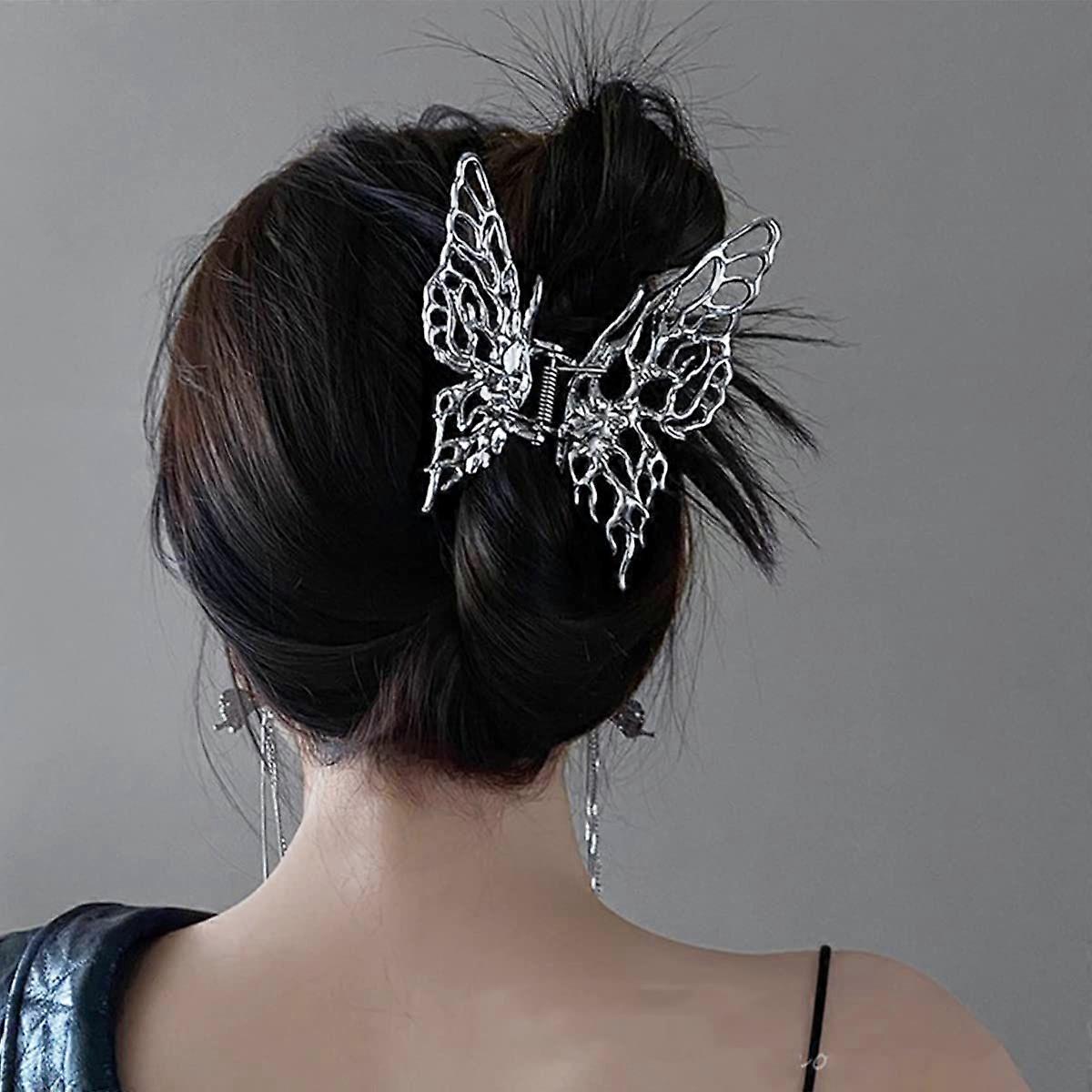 Barrette à Cheveux Ancienne En Métal - Forme Papillon - Dimensions 6,4 Cm X 4,5 Cm - Gris - Occasion