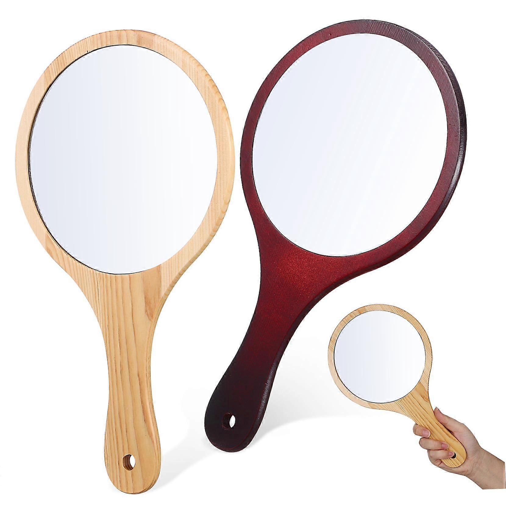 Cosmetic Mirrors Set Of 2 With Wooden Handle Portable Travel Magnifying Mirror For Handbag