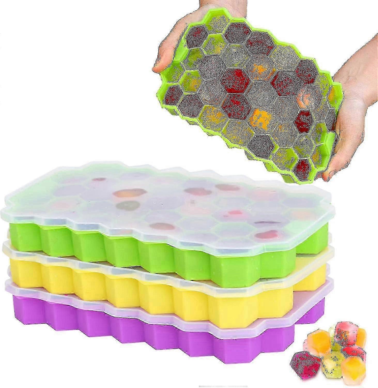 Silicone Ice Cube Trays With Lids, Stackable Freezer Ice Molds, Flexible DIY Ice Cube Maker (Green Purple Yellow)