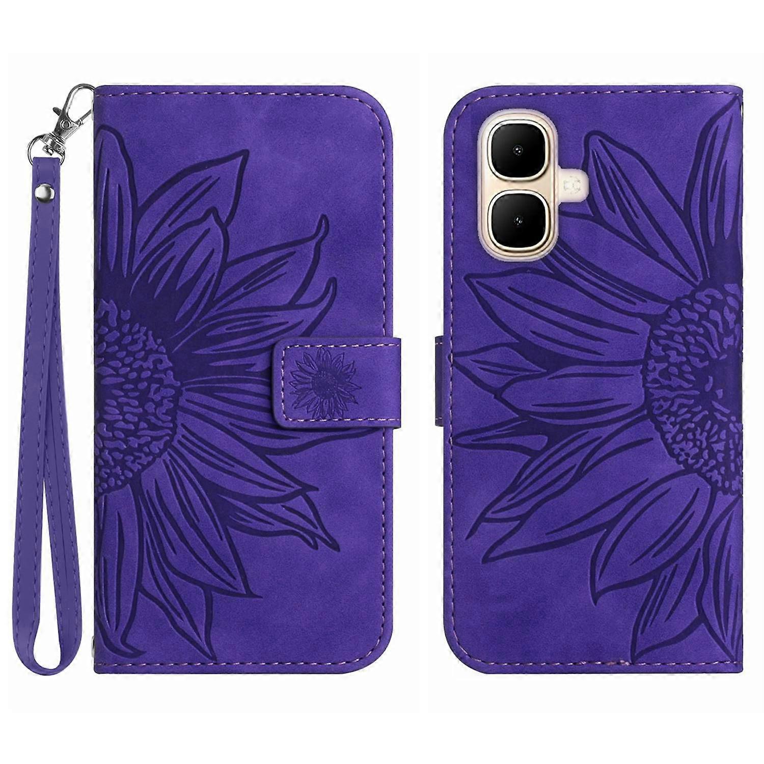 Compatible For TECNO Pop 10 / Infinix Smart 10 Case Sunflower Imprint Leather Wallet Phone Cover with Wrist Strap