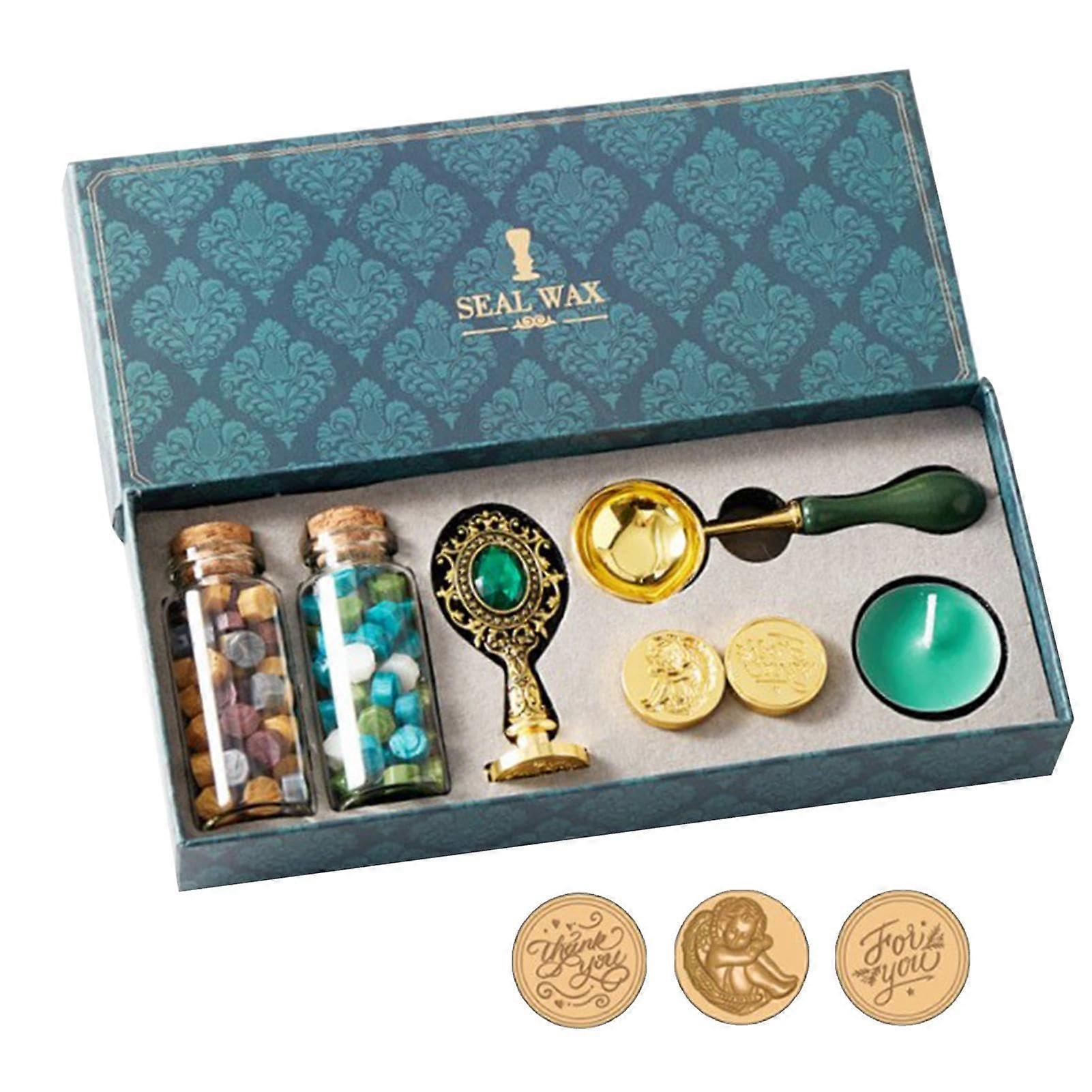 Wax Seal Stamps, Cute Fire Seal Set, Complete Seal Kit, Dark Green Gold