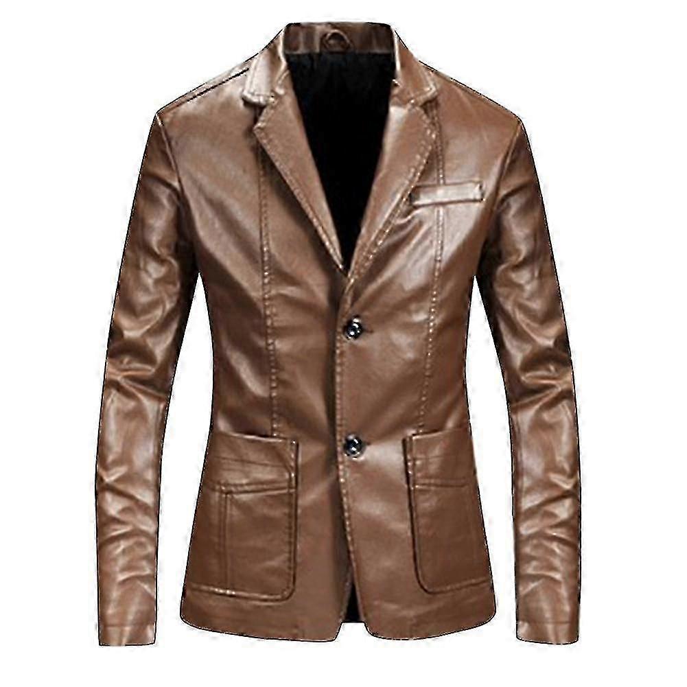 Men's Casual Solid Color Slim Fit Notched Lapel Two Button Pu Leather Blazer Jacket