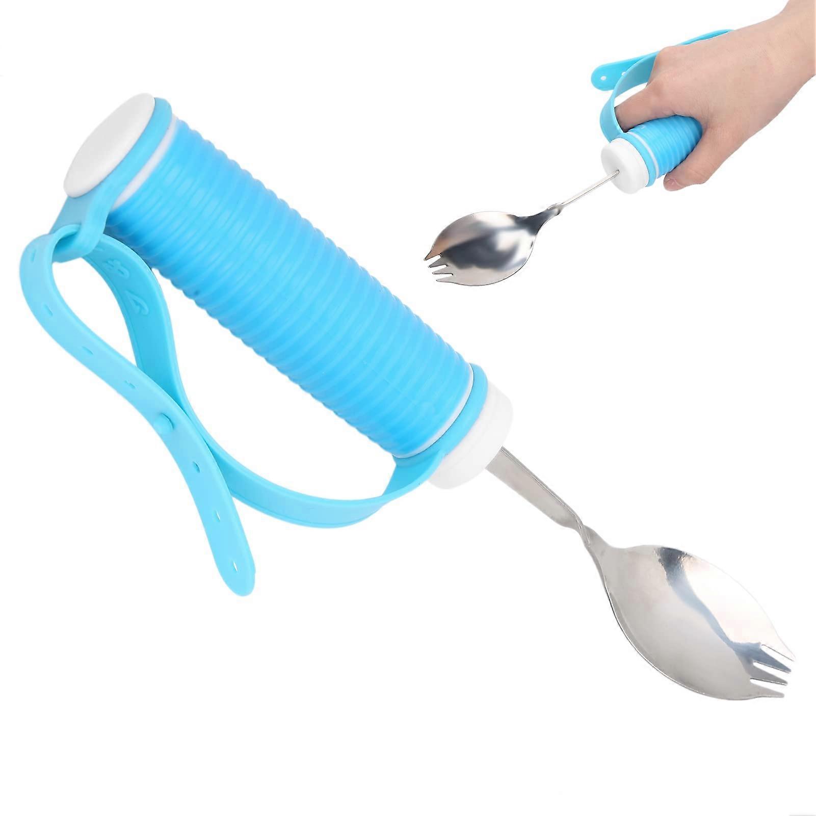 Adaptive Utensil 2-In-1 Fork Spoon, Weighted Stainless Steel Utensils With Adjustable Strap, Blue Non-Slip For Arthritis
