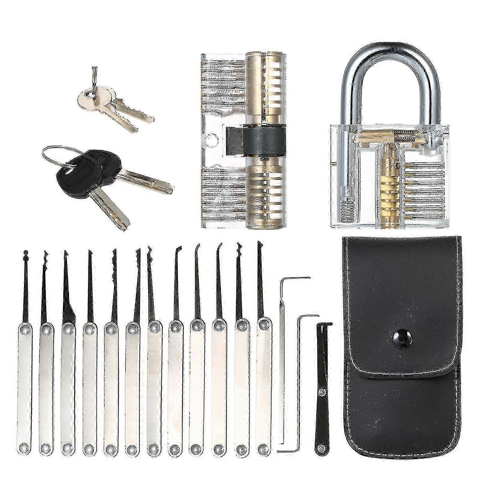 Transparent 15pcs Lock Picking Set Kit Tool With Two Transparent Practice Training Padlock Lock For Locksmith Beginners And Professional