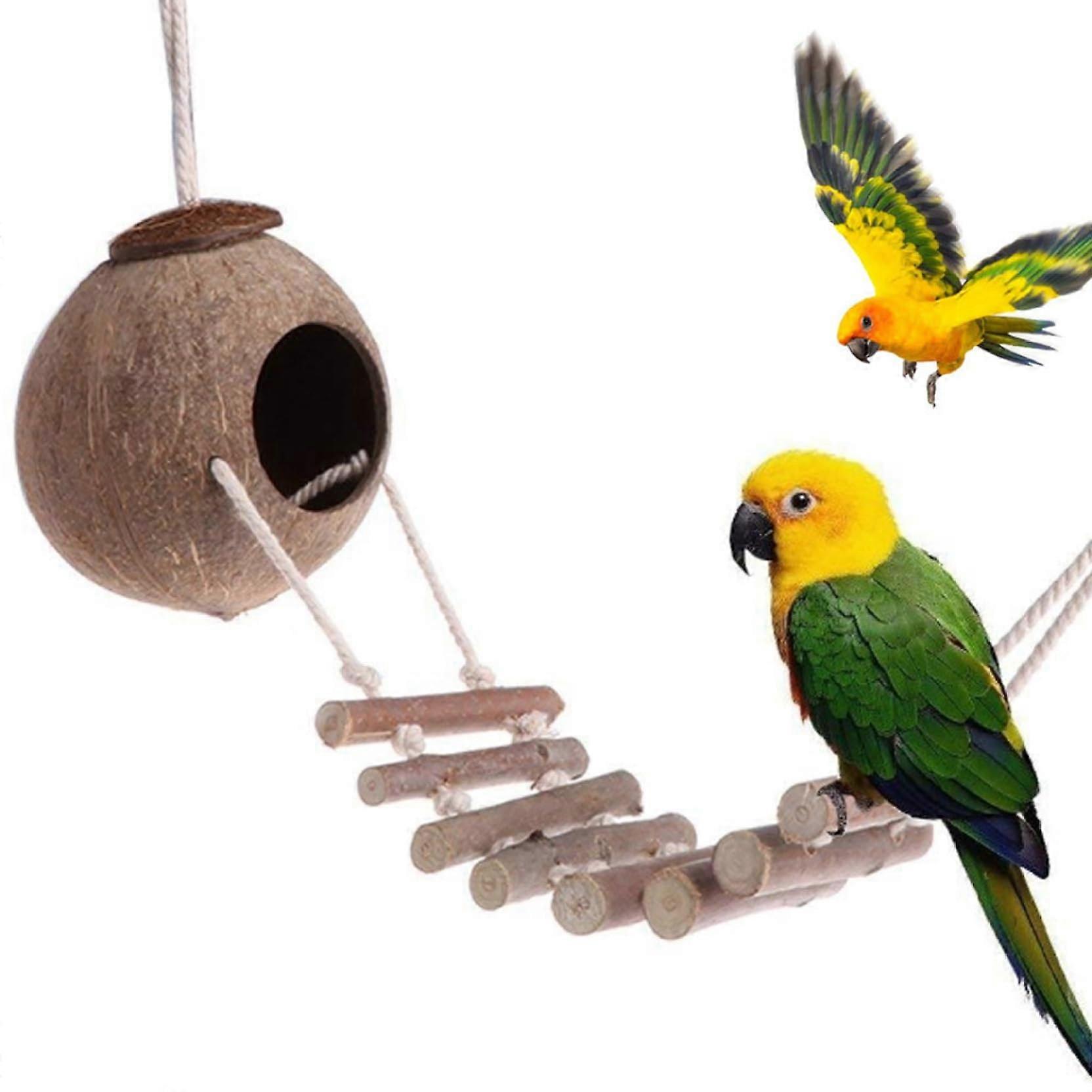 Coconut Bird Nest Hut with Ladder for Lovebirds, Finches, Hamsters, Geckos, Squirrels - Natural Hideaway Toy for Cages