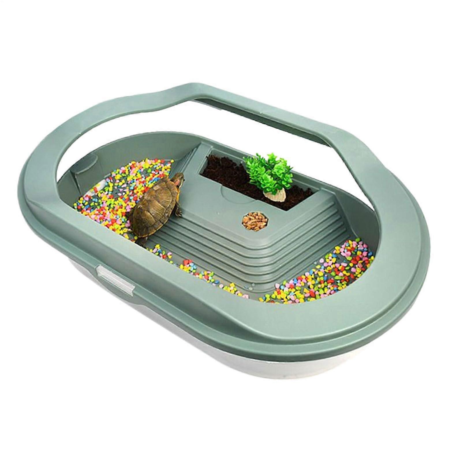 Turtle aquarium, reptile terrarium, viewing lid with land area and bottom sieve for hermit crabs, geckos, crabs, and land crabs.