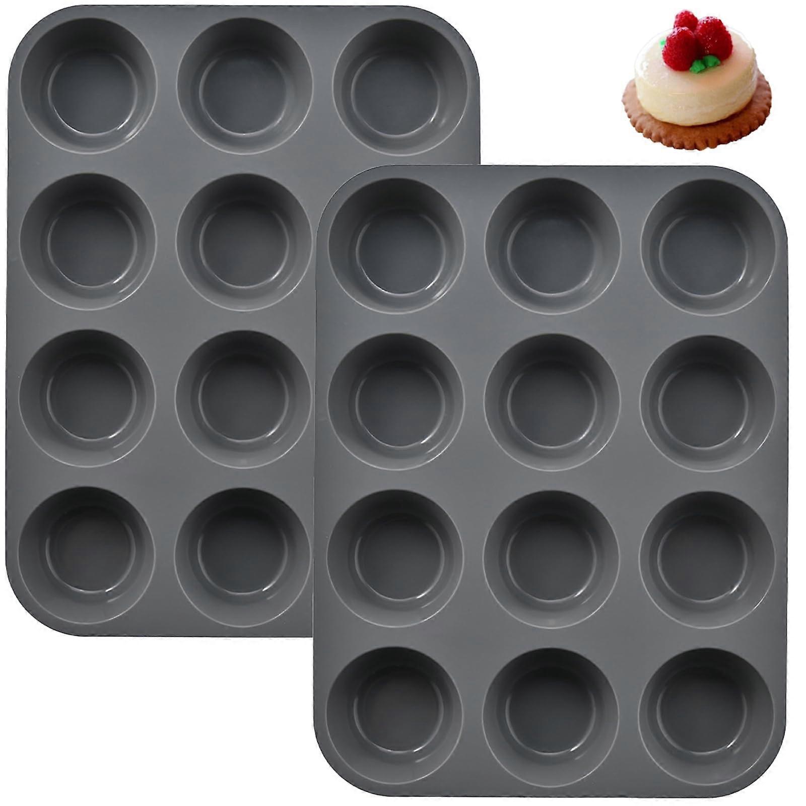 12 Cup Silicone Muffin Tray Set, Non-Stick Baking Mould for Muffins and Cupcakes, 30 x 22 x 3 cm Baking Tins, 2 Pack