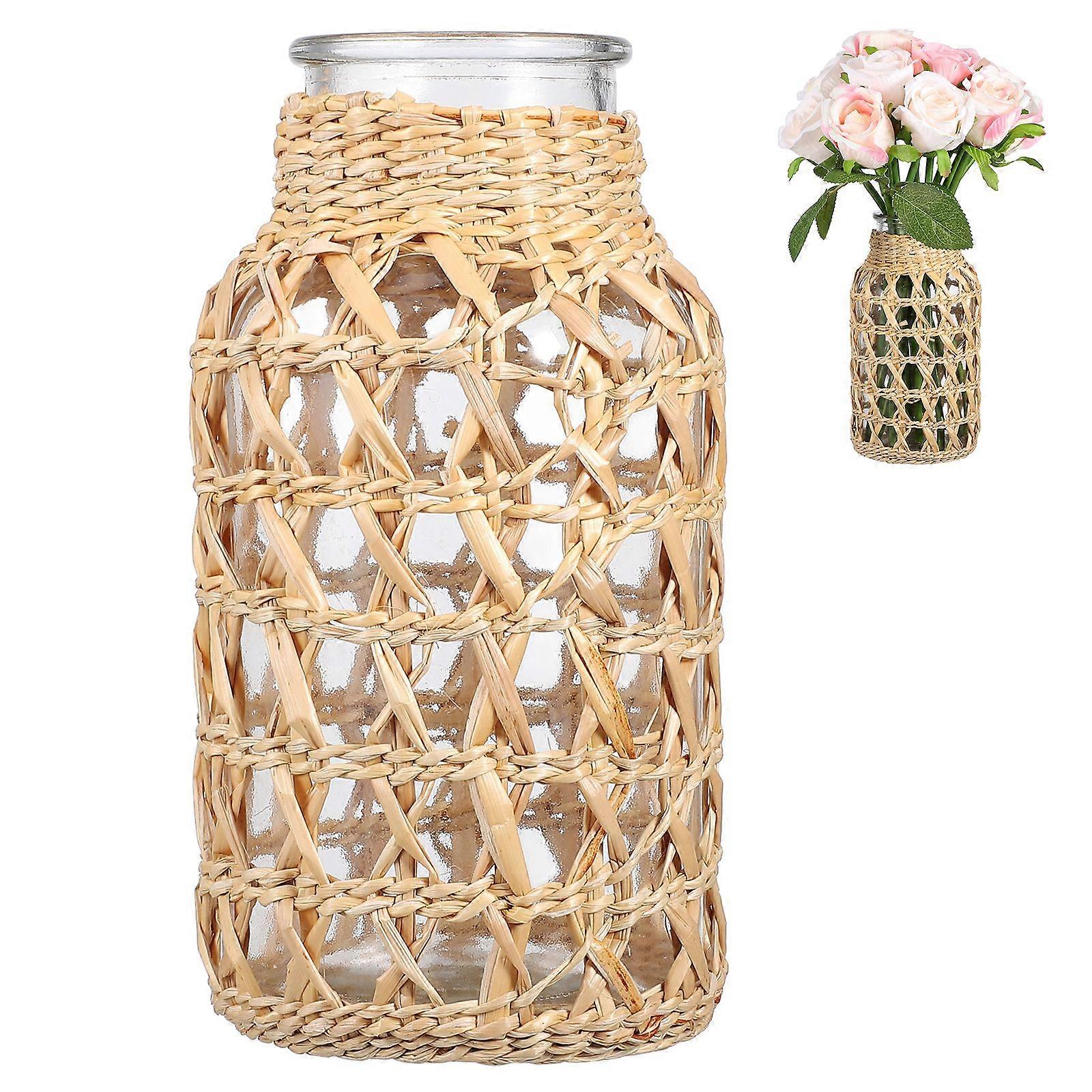 1pc Rattan Woven Glass Vase Creative Desktop Vase Flower Arrangement Container