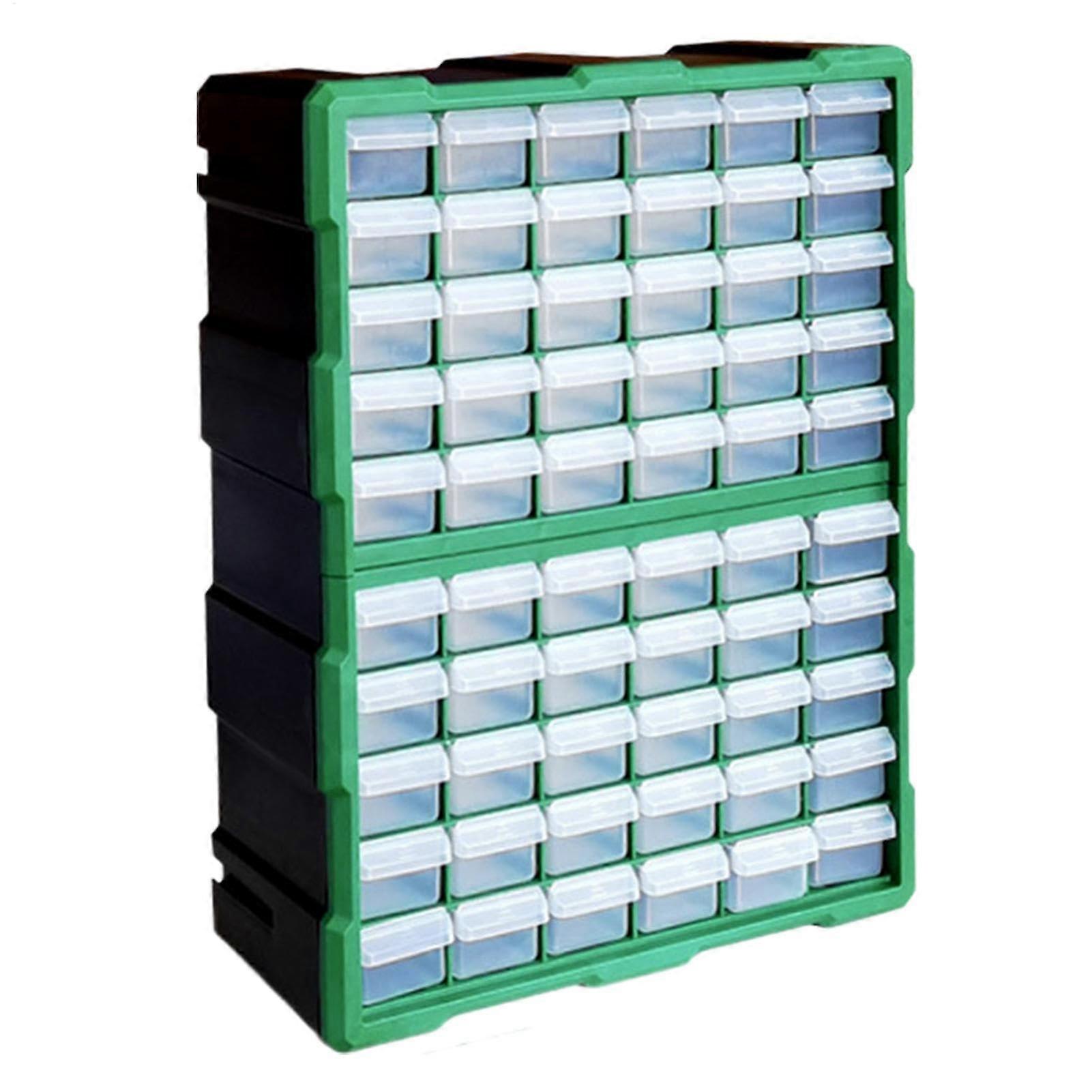 Stackable screw organizer cabinet, 60 compartments, 48 x 37 x 18 cm, secure lids for jewelry, beads, screws, green.