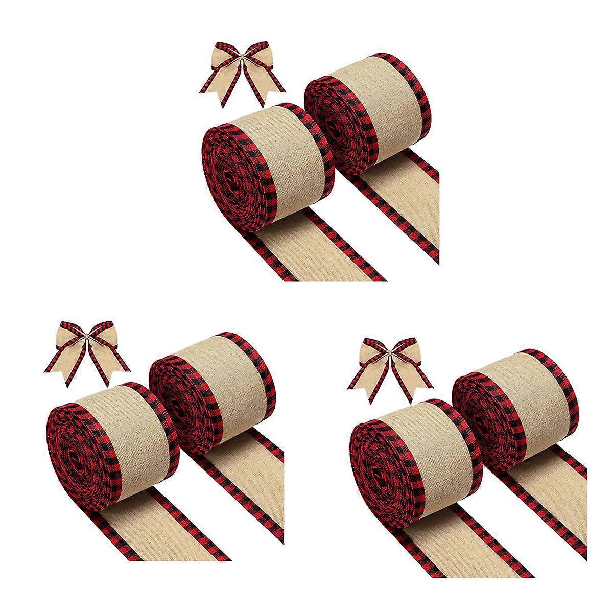 Wired Edge Ribbons Christmas Burlap Fabric Craft Ribbon Wrapping Ribbon Rolls with Checkered Edge