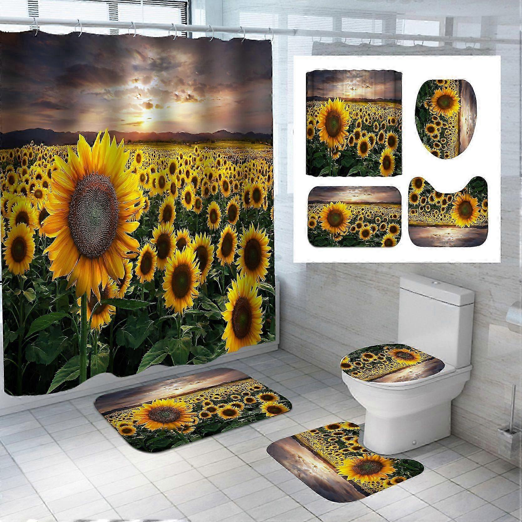Polyester bath curtain and mat set for bathroom decor