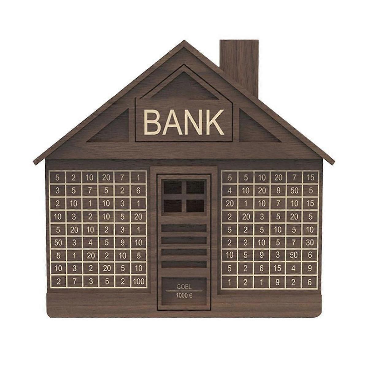 House Shape Wooden Money Box with Counter Wooden Crafts Money Saving Box Portable Coin Bank Brown M