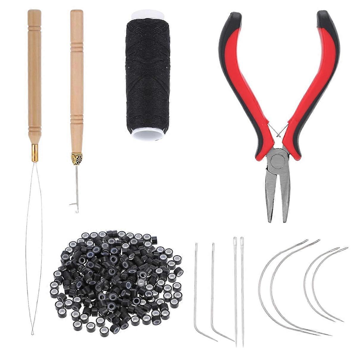 Hair Extensions Tools Kit,Silicone Beads,Plier,Roll Sewing Thread,Loop Needle-Threader, Sewing Needles-Bead Device Tool