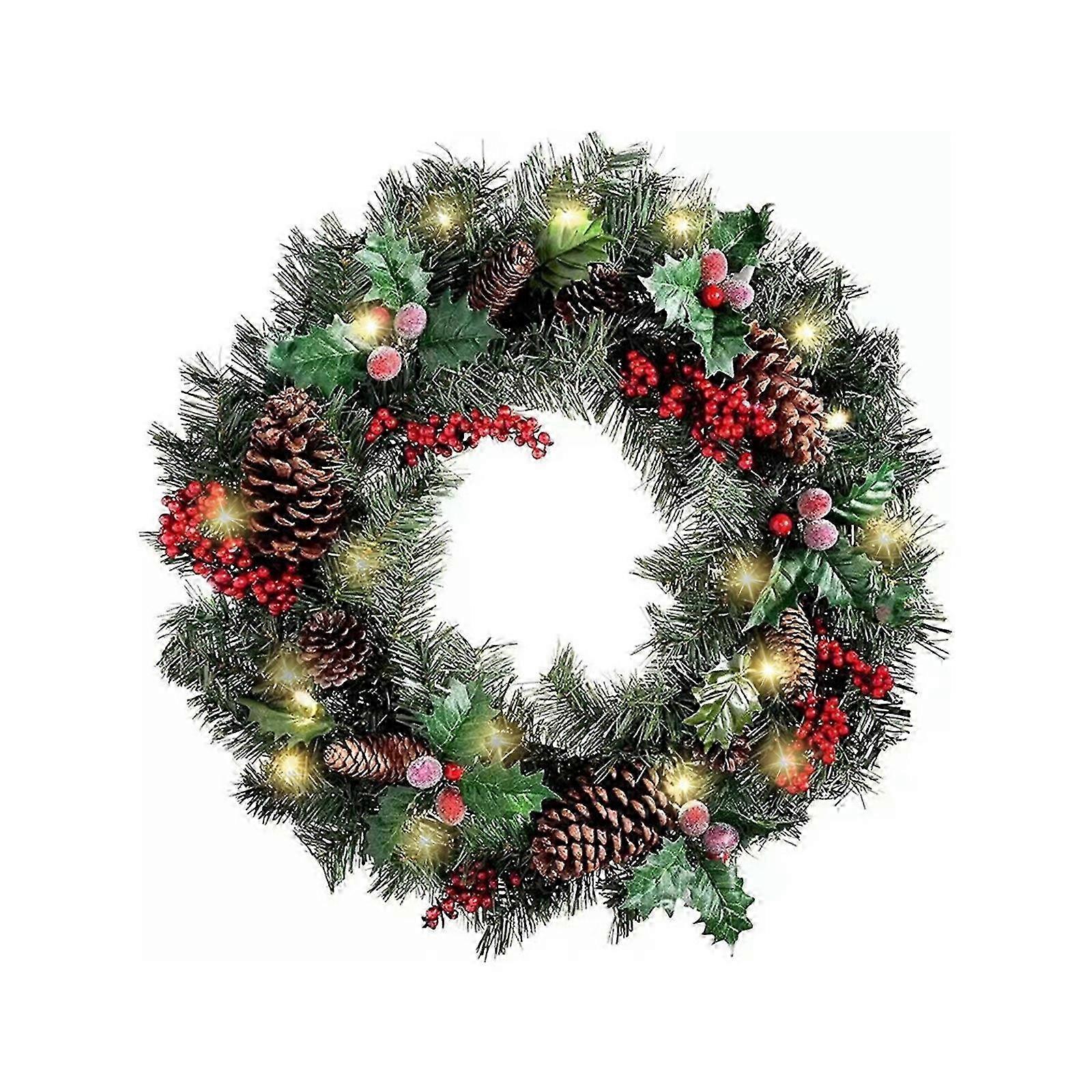 Pre-Lit Multicolor Christmas Wreath for Front Door Decor with Cones, Red Berries & Frosted Branches