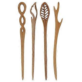 4 Pcs Vintage Retro Hair Sticks Antique Chinese Japanese Wood Hair Pins Picks Wood Long Horn Fork Pen Hair Clips for Bun Chignon Holder
