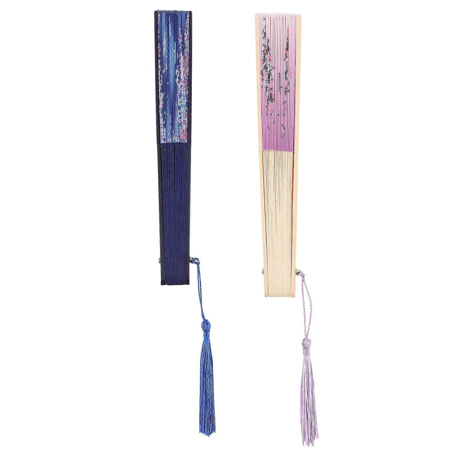 Bamboo Slip Fan 2Pcs for Parties Performances Photo Sessions Assorted Color Made of Silk and Wood