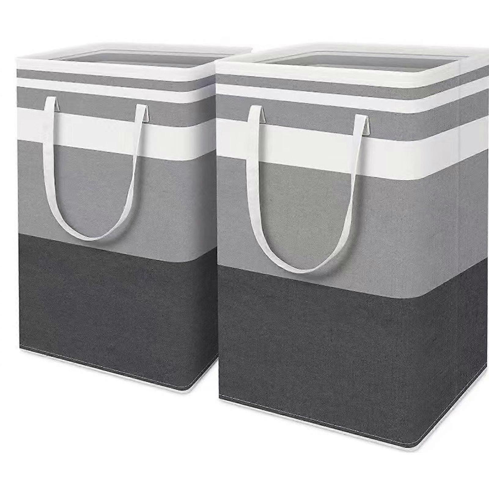 Fabric Stripe Storage Bag Foldable With Elongated Handles Dirty Clothes Basket 40x30x60 cm Flat Gray Stripes Model 122