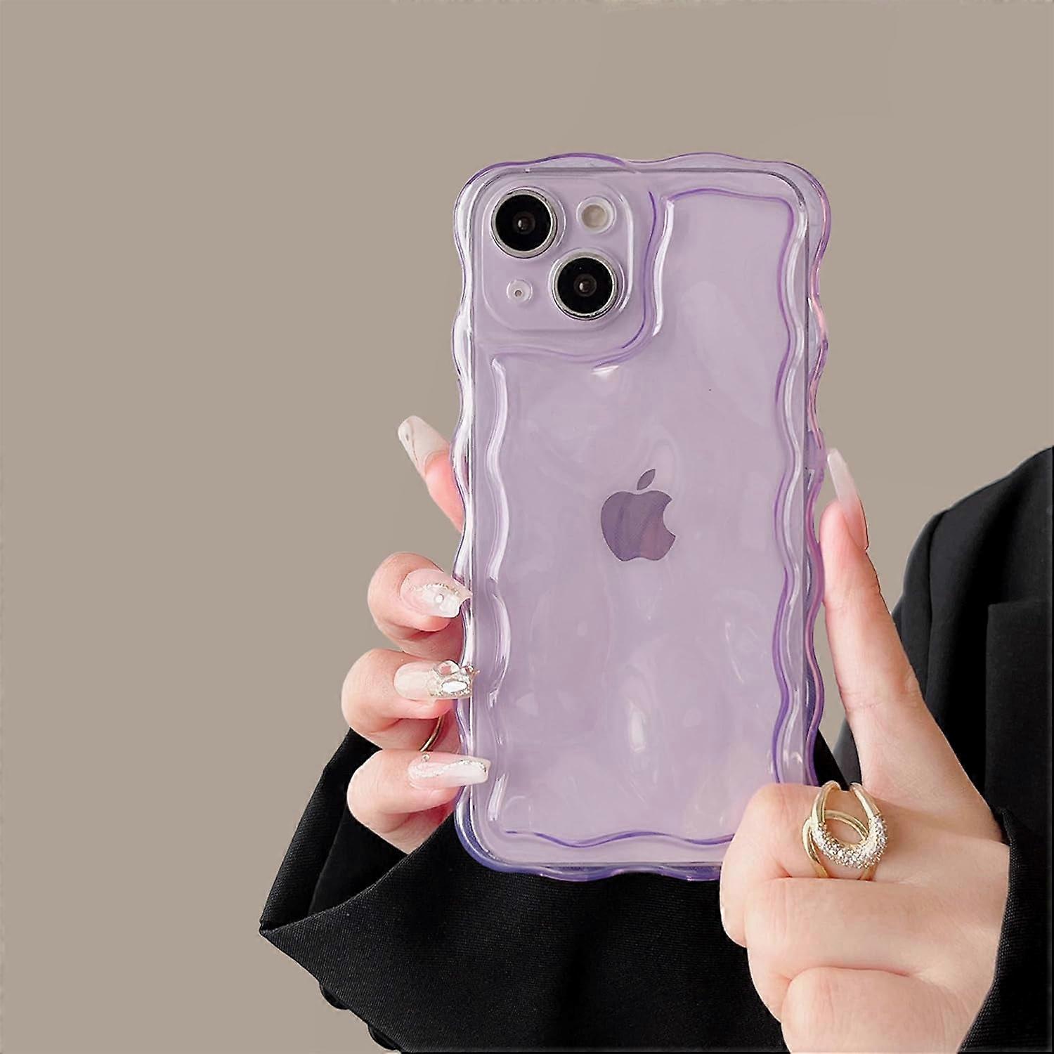 Cute 3D Transparent Meteorite Case for compatible with iPhone 14, Water Ripple Curly Wavy Frame, Soft TPU Shockproof Clear Purple Case 6.1 Inch