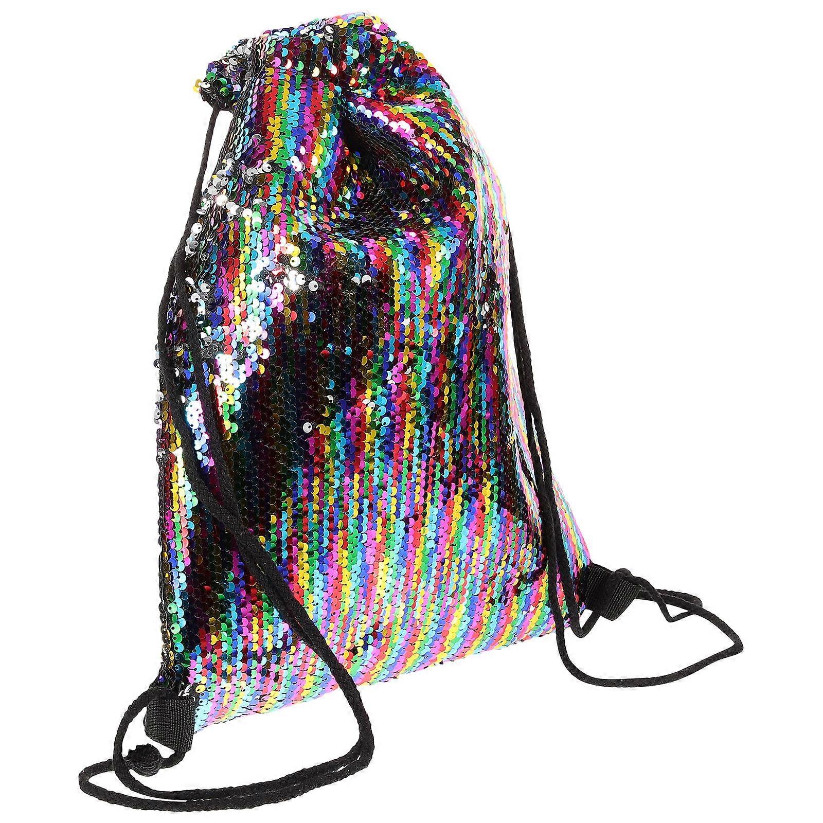 3Pcs Rectangular Drawstring Shoulder Bag Colorful Sequin Design Perfect For Camping Shopping Casual Use With Comfortable Carrying Straps
