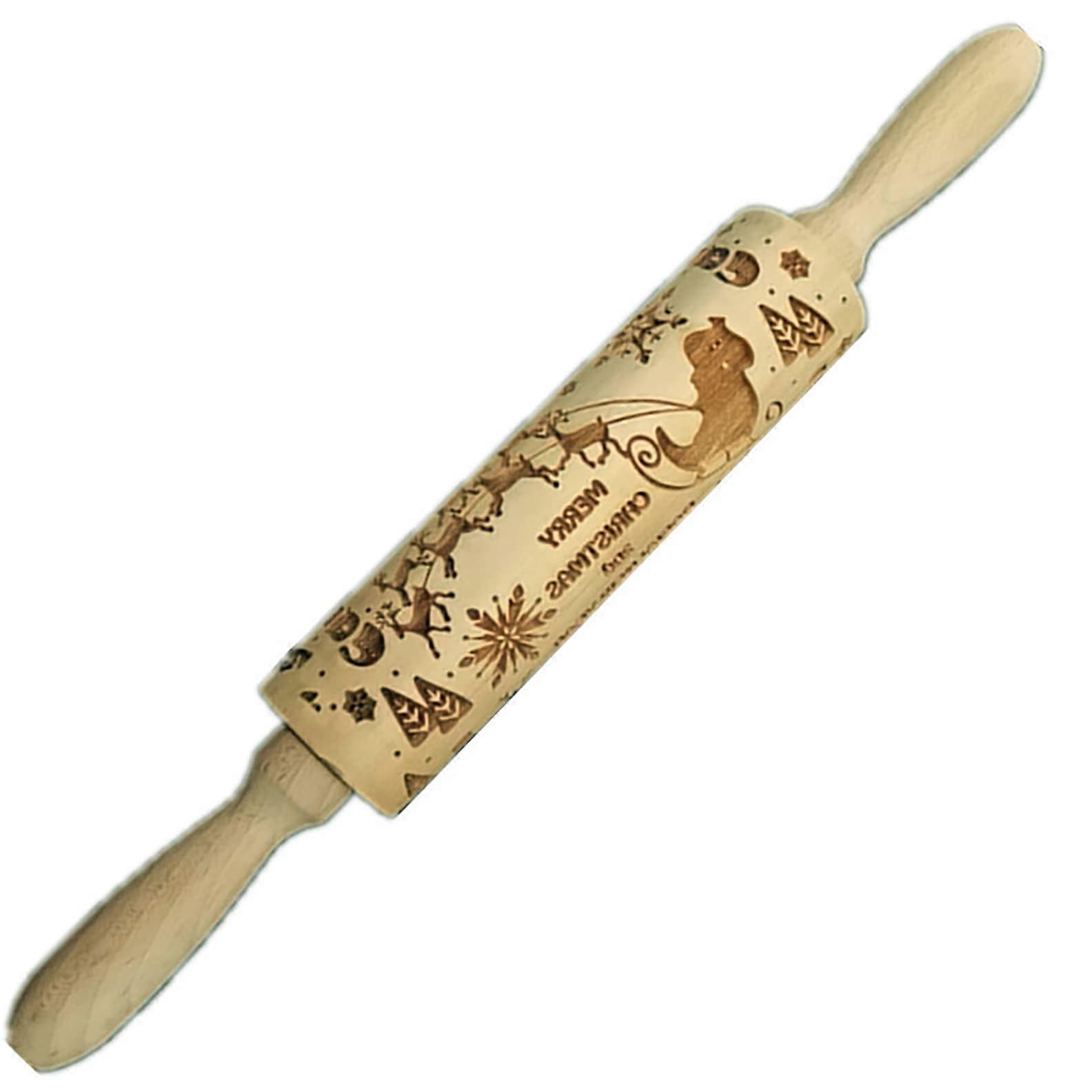 Christmas Embossing Rolling Pin with Santa Snowflake Tree Deer Patterns, Wooden 3D Engraved Dough Roller for Holiday Cookie Baking (13.8inch)