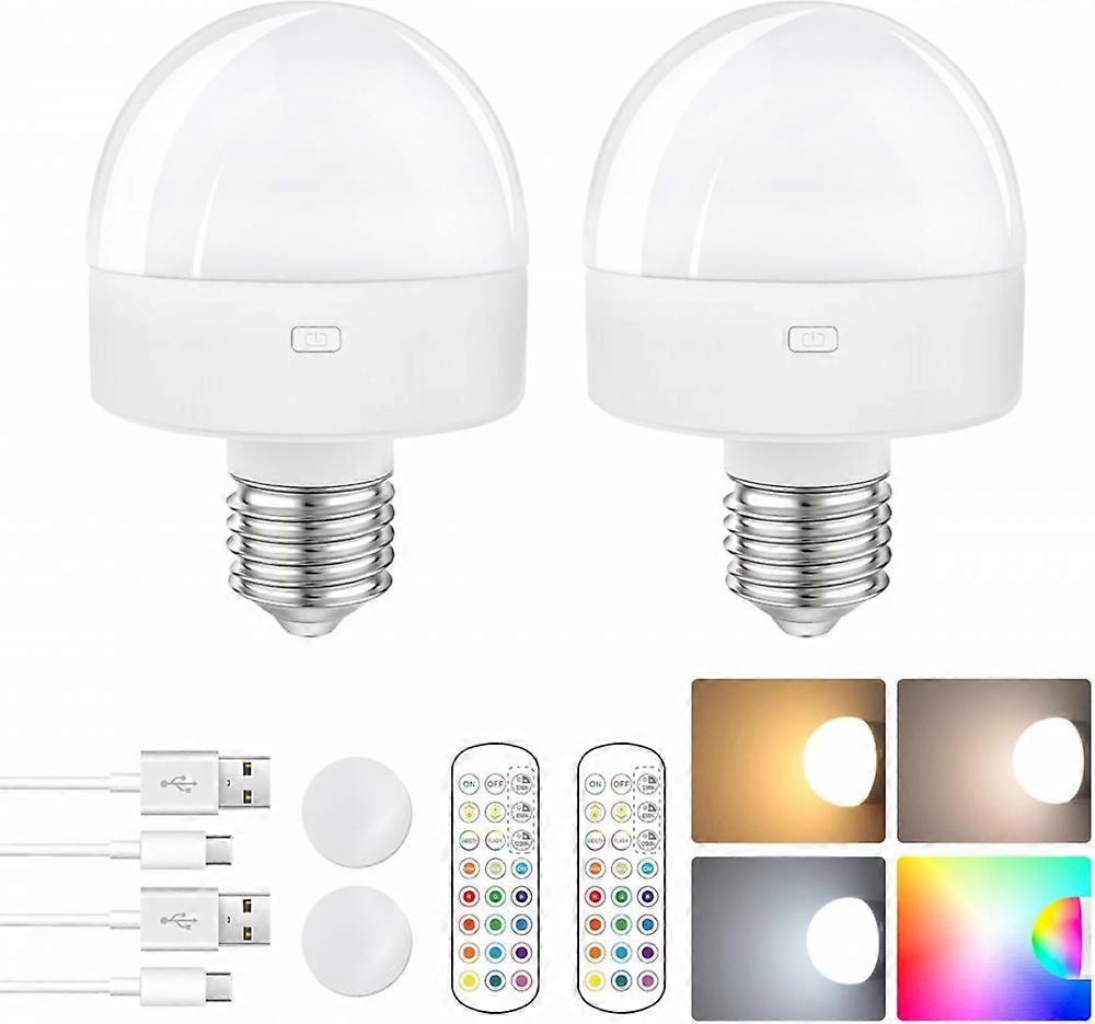2Pcs E27 Rechargeable Light Bulb 3 Color Temperatures Table Lamp with Remote Timer
