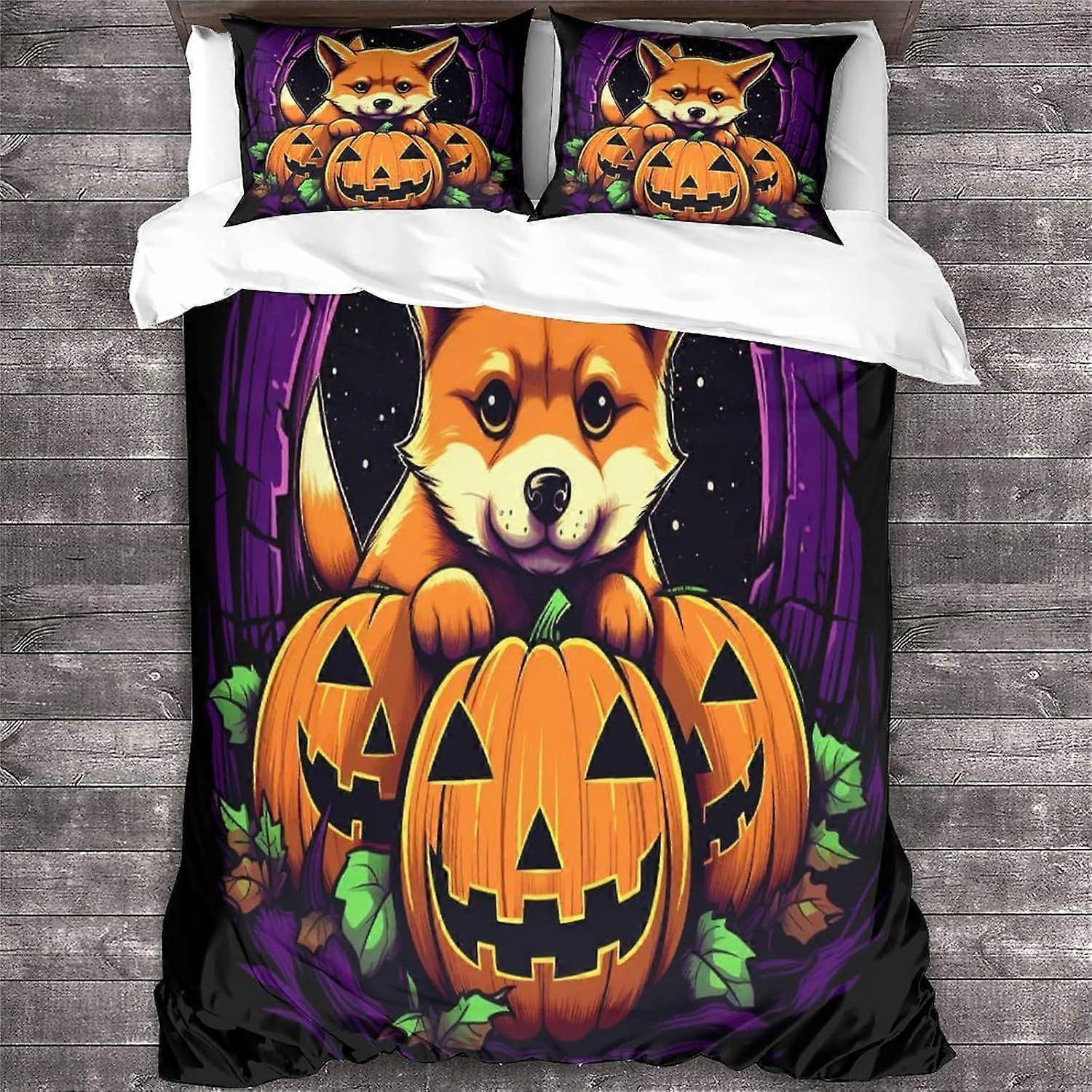 LikeEj هالوين 3D غطاء لحاف مجموعة تأثير للأطفال والكبار المطبوعة لحاف الفراش مجموعة مع وسادة