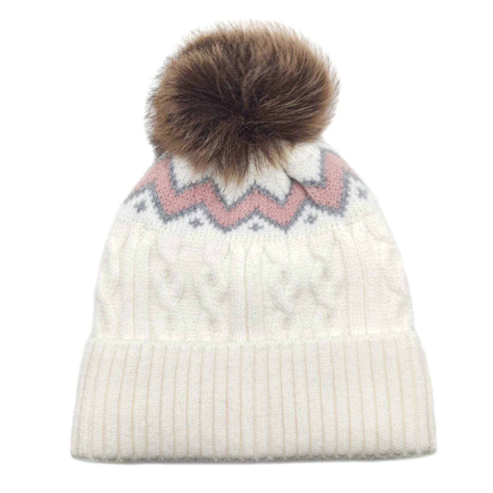 Stretchy Pullover Hat with Colorful Pattern Design and PomPoms for Cold Weather Commute Outdoor Activity Head Warmth  White M